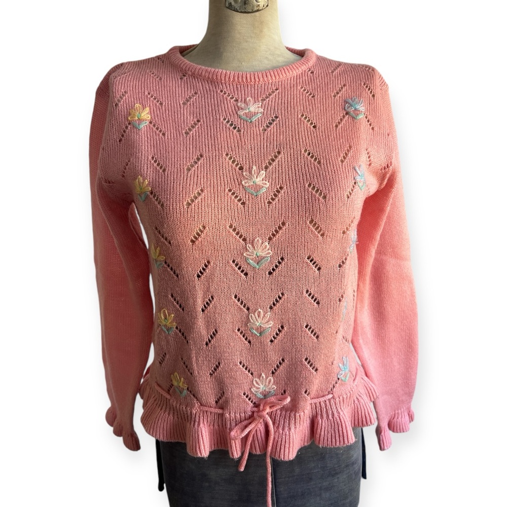 Vintage Berries Pink Floral Knit Sweater Ruffle